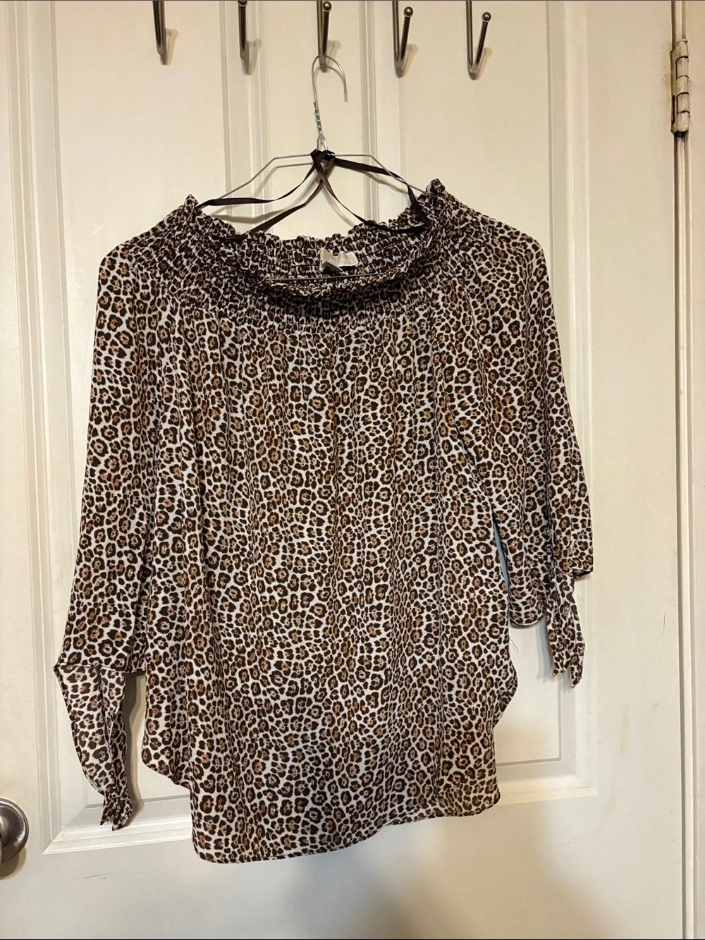 Michael Kors Leopard Print Smocked Ruffle Neck Blouse - Brown/Black